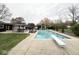 Relaxing backyard with in-ground pool, diving board, a cabana, and mature trees at 6811 S Meridian St, Indianapolis, IN 46217