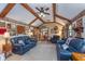 Comfortable living area with vaulted ceilings, wooden beams, and cozy leather sofas at 7020 N 375 E, Lebanon, IN 46052