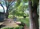 Large deck with mature trees, outdoor seating, lush landscaping and a serene backyard setting at 8728 Holliday Dr, Indianapolis, IN 46260