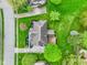 Aerial view of the home displaying the landscaping and mature trees. It shows the backyard and driveway at 960 Arrowwood Dr, Carmel, IN 46033