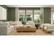 Bright living room with a white sectional sofa, wood coffee table, and large windows with curtains at 11682 Aubrey Ln, Fishers, IN 46040