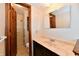 Bathroom featuring wood door to shower and toilet and a dark-stained vanity with a pink marble countertop at 12087 N Gasburg Rd, Mooresville, IN 46158