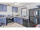 Functional kitchen featuring blue cabinetry, modern appliances, and ample counter space for meal preparation at 1725 Medford Ave, Indianapolis, IN 46222