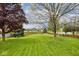 Expansive, beautifully maintained backyard with a wooden fence, mature trees, and green grass at 19185 Rioux Grove Ct, Noblesville, IN 46062
