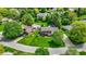 Aerial view of a brick home with green lawn and in-ground pool in a lush, tree-filled neighborhood at 195 Lake Dr, Greenwood, IN 46142