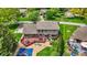 Aerial view of a backyard with a pool, deck, patio, landscaped garden and outdoor furniture perfect for enjoying the outdoors at 195 Lake Dr, Greenwood, IN 46142