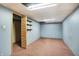 Finished basement area with blue wallpaper, pink carpeting, featuring wood closets, and shelving units at 301 Colescott St, Shelbyville, IN 46176
