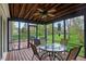 Inviting screened porch featuring a ceiling fan, rustic wood floor, and a table for outdoor dining at 524 Deerberry Dr, Noblesville, IN 46062