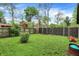 Fenced backyard with green lawn and mature landscaping, providing privacy and a serene outdoor space at 6837 Doris Dr, Indianapolis, IN 46214