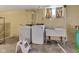 Basement laundry area with a washer, dryer, utility sink, and shelving units at 1029 E Yoke St, Indianapolis, IN 46203