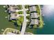 An aerial view of lakefront property with backyard boat docks on a sunny day at 11484 Lake Stonebridge Ln, Fishers, IN 46037
