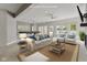 Inviting living room featuring lake view, comfortable seating, and a pool table for entertainment, virtually staged at 11484 Lake Stonebridge Ln, Fishers, IN 46037