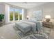 Serene main bedroom virtually staged with lake view windows, soft blues, and inviting decor at 11484 Lake Stonebridge Ln, Fishers, IN 46037