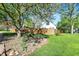 Scenic backyard view featuring a wooden fence, mature trees, and landscaped garden beds at 2221 Douglas Rd, Indianapolis, IN 46220