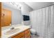 Full bathroom with a white sink, mirror, wood vanity, a shower with a plaid curtain, and gray-painted walls at 3165 Sycamore Dr, Columbus, IN 47203
