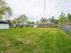 Spacious, level backyard with mature trees and a white storage shed at 4029 N Euclid Ave, Indianapolis, IN 46226