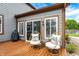 Cozy outdoor patio featuring comfortable wicker chairs with decorative pillows and sliding glass doors at 48 E Wisteria Way, Westfield, IN 46074