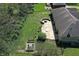 Aerial view showcasing the backyard's stone fire pit, patio, landscaping, and fenced-in area at 601 Shady Ln, Greenwood, IN 46142