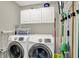 Laundry room featuring modern washer and dryer, overhead cabinet and cleaning supplies at 601 Shady Ln, Greenwood, IN 46142