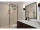 Stylish bathroom featuring a marble vanity, framed shower, and modern fixtures at 728 Christin Ct, Plainfield, IN 46168
