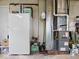 Unfinished basement featuring a refrigerator, furnace, and other essential utilities at 961 N Dellasburg Rd, Columbus, IN 47203