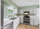 Well-lit kitchen featuring white cabinets, hardwood floors, stainless steel appliances, and a double oven at 961 N Dellasburg Rd, Columbus, IN 47203