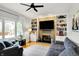Comfortable living room featuring a fireplace, built-in shelving, hardwood floors, and ample natural light at 10764 Gettysburg Pl, Carmel, IN 46032