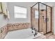 Modern bathroom featuring a soaking tub and glass-enclosed shower with rainfall shower head at 11438 Montoya Dr, Zionsville, IN 46077