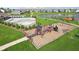 Aerial view of a community playground with pool and pond in a residential neighborhood at 16112 Lavina Ln, Fishers, IN 46040