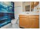 Well-lit bathroom featuring a vanity with wood cabinets, a toilet, and a shower with an ocean-themed curtain at 2623 Santaro Ct, Indianapolis, IN 46217