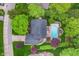 Aerial shot of a home with an in-ground pool, large trees, brick, and gray siding at 4401 W Hunters Ridge W Ln, Greenwood, IN 46143
