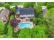 Aerial view of a home with an in-ground pool, patio, and landscaped backyard with mature trees at 4401 W Hunters Ridge W Ln, Greenwood, IN 46143
