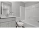 Bathroom showcasing a vanity with quartz countertop, matching mirror, toilet and tub at 7663 Marin Pkwy, Cumberland, IN 46229
