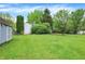 Large backyard with lush lawn and mature trees and a storage shed at 831 Wakulla Ct, Indianapolis, IN 46217