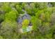 Stunning aerial view of a private home featuring a backyard pool surrounded by lush, mature trees and landscaping at 9312 Sullivan Pl, Zionsville, IN 46077
