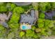 Bird's eye view of an estate home featuring a swimming pool, meticulous landscaping and mature trees at 9312 Sullivan Pl, Zionsville, IN 46077