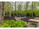 Landscaped backyard features mulch, a stone walkway, and two blue chairs surrounded by trees at 9312 Sullivan Pl, Zionsville, IN 46077