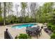 Beautiful backyard pool with surrounding patio, lush landscaping, and outdoor seating, perfect for relaxation and entertaining at 9312 Sullivan Pl, Zionsville, IN 46077