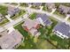 A high-angle shot of a neighborhood with manicured lawns, mature trees, and houses with outdoor patio spaces at 1013 Domino Dr, Carmel, IN 46032