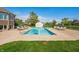 The backyard features a sparkling pool, with lounge chairs, basketball hoop, and views of the serene pond at 2015 Saint Andrews Ct, Franklin, IN 46131