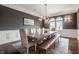 Spacious dining room featuring a large wooden table, elegant chairs, bench seating, and modern lighting fixtures at 2377 Finchley Rd, Carmel, IN 46032