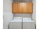 Functional laundry room with white washer and dryer and wooden cabinets overhead at 4611 29Th St, Columbus, IN 47203