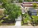 Aerial view of a property highlighting the detached garage, garden, and backyard landscaping at 544 N Beville Ave, Indianapolis, IN 46201