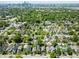 Aerial view of a residential neighborhood with mature trees and a distant city skyline at 544 N Beville Ave, Indianapolis, IN 46201