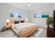 A staged bedroom with neutral decor, two windows, and light wood flooring at 1116 Heatherwood Dr, Indianapolis, IN 46241