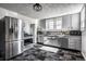 Charming kitchen with stainless steel appliances, gray cabinets, and a contrasting dark floor at 139 N East St, Pendleton, IN 46064