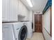Convenient laundry room with white cabinets, washer, and dryer for efficient chores at 1421 Stoney Creek Cir, Carmel, IN 46032