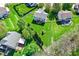 Aerial view of a grassy backyard with a fence, patio, and mature trees providing ample shade at 14817 Deerwood Dr, Carmel, IN 46033