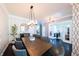 Elegant dining room featuring designer wallpaper, wood floors, and modern chandelier at 3561 Shady Lk Dr, Westfield, IN 46074