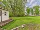 Large backyard with lush lawn, mature trees, outbuilding, and brick edging at 4079 S 50 W, Anderson, IN 46013